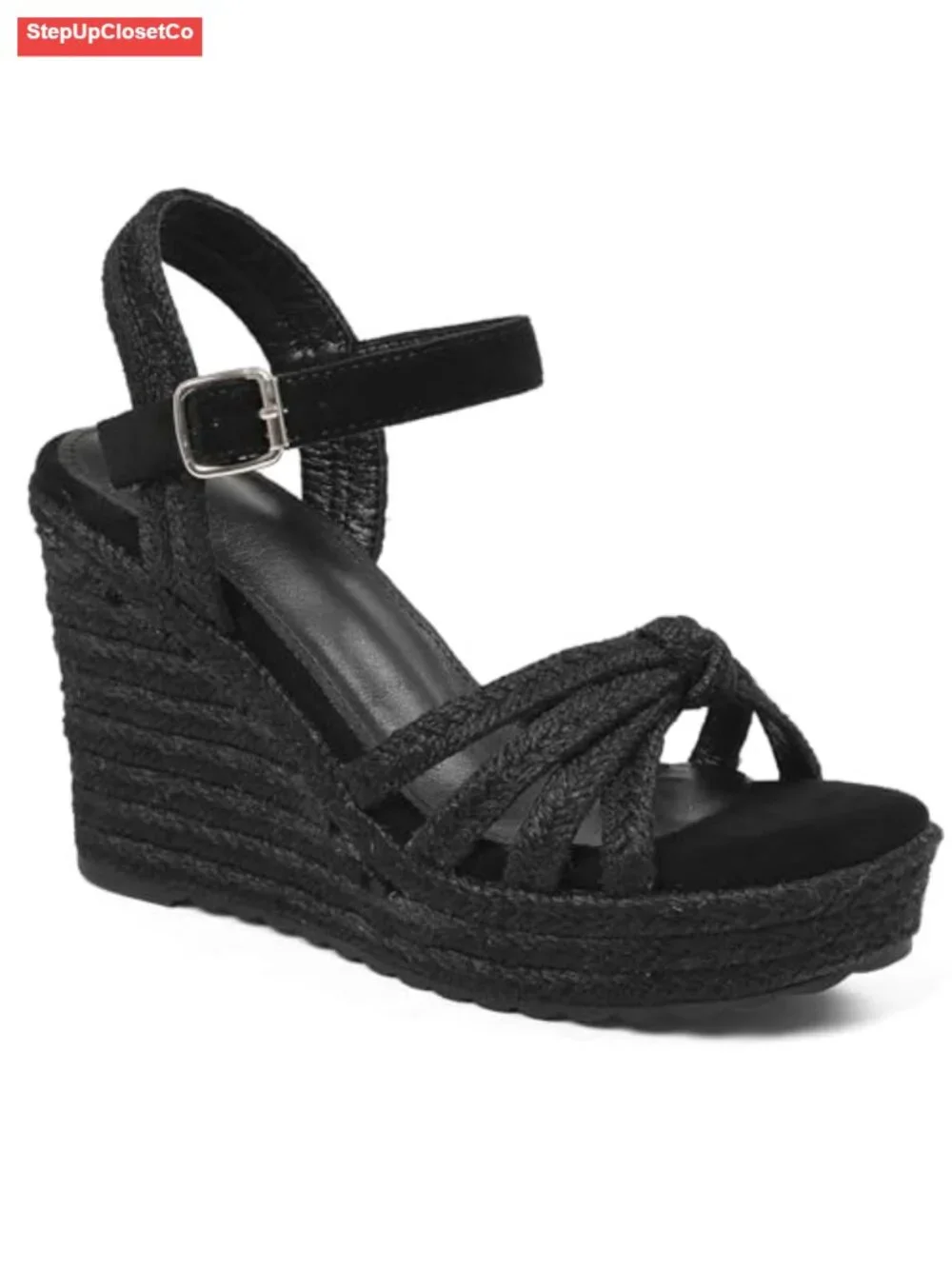Woven Espadrille Wedge Sandals - Open Toe Platform with Ankle Buckle